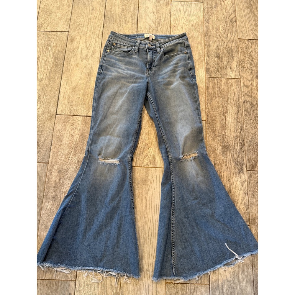 Shyanne Flare Bell Bottom Jeans 29 Distressed Raw Hem Denim Womens Festival